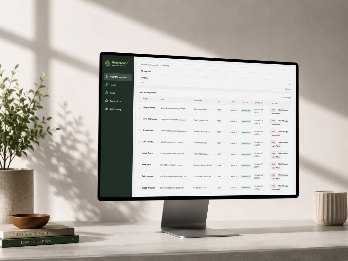 GreenScape admin tools — permission based visibility