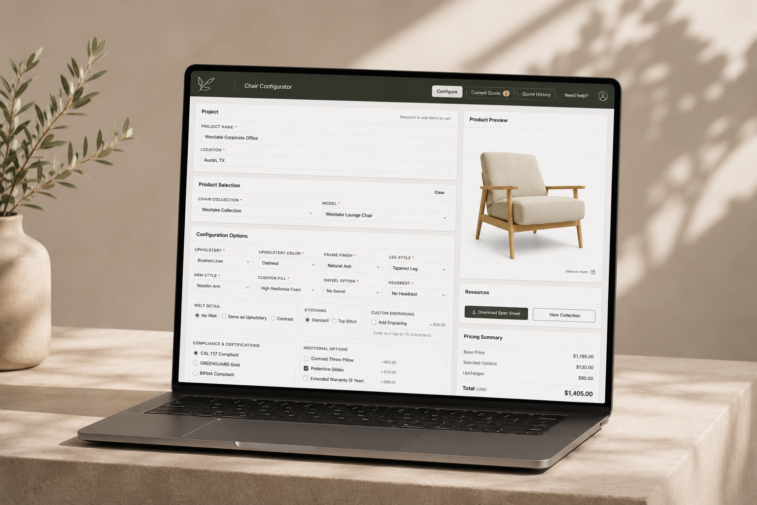 Chair configurator — quoting and pricing tool