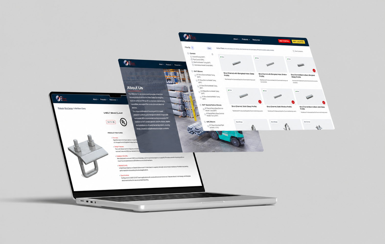 Rep Materials Co. website, product catalog, and about page