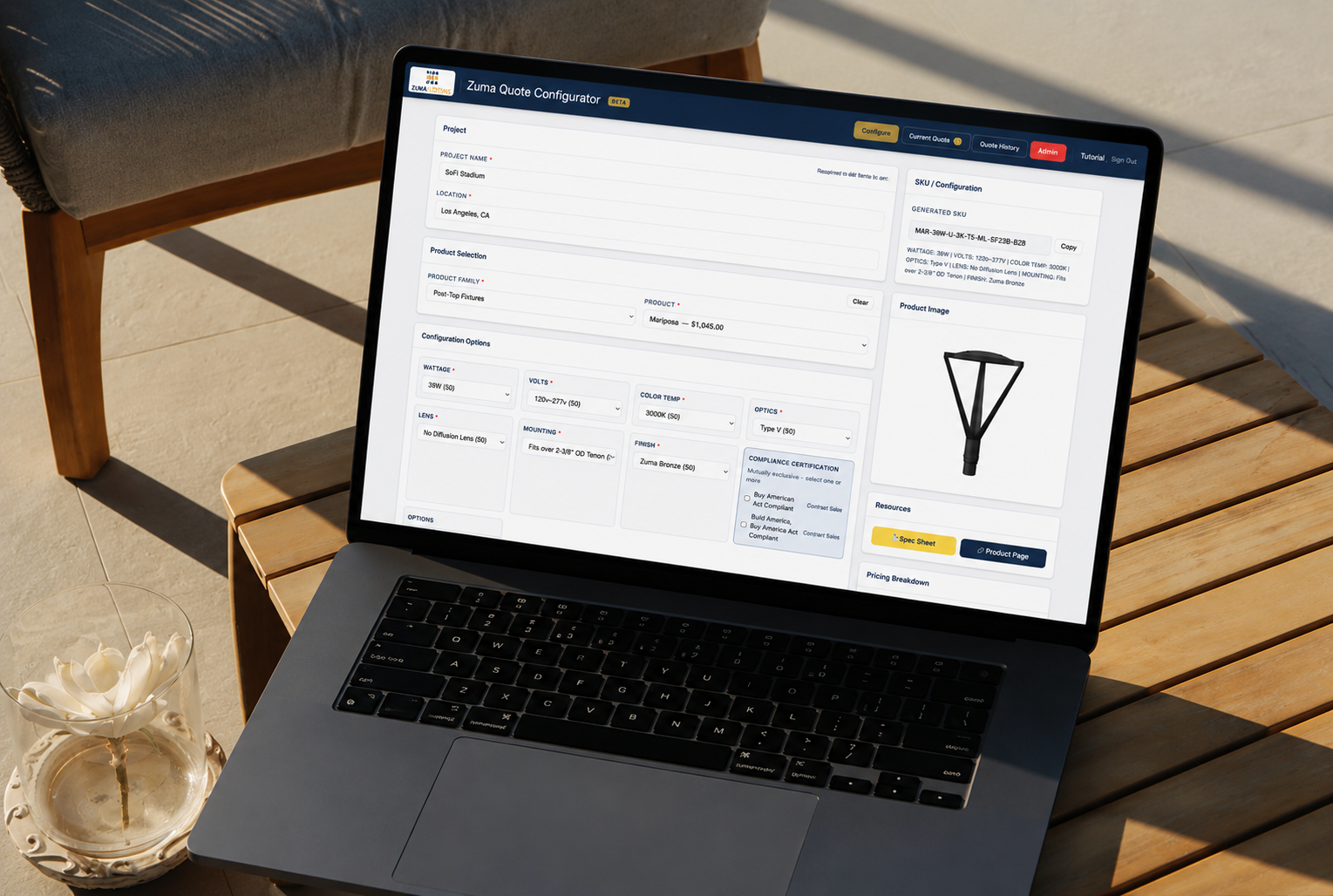 Custom AI configurator and quoting tool for Zuma Lighting